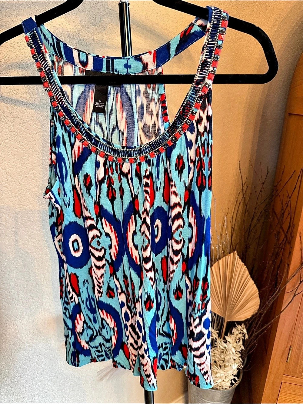 INC International Concepts Abstract Print Embellished Tank in Blue & Red Medium